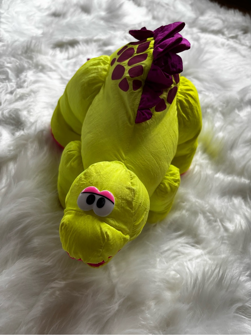 Fisher-Price Neon Lime Plush Toy with Purple and Pink Accents VINTAGE TOY SQUEEK
